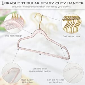 20 Pcs Clear Acrylic Hangers Plastic Glitter Coat Hanger Non Slip Space Saving Suit Hangers Heavy Duty Clothes Hanger with Non Slip Notches (Pink and Gold)