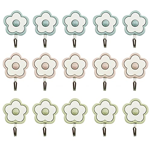 15 Pack Cute Flower Utility Hooks Wall Hangers Without Nails Self Adhesive Key Holder Wall Decor Dorm Command Hooks Stick On Wall Kitchen Bathroom Office Mixed Color