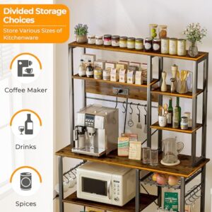 SUPERJARE Large Bakers Rack with Power Outlets, 6-Tier Microwave Stand, Coffee Bar with 12 S-Shaped Hooks, Kitchen Shelf with Wire Basket, 39.3 x 15.5 x 66.9 Inches, Rustic Brown