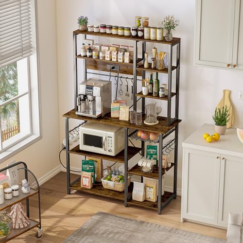 SUPERJARE Large Bakers Rack with Power Outlets, 6-Tier Microwave Stand, Coffee Bar with 12 S-Shaped Hooks, Kitchen Shelf with Wire Basket, 39.3 x 15.5 x 66.9 Inches, Rustic Brown