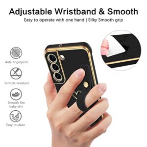 Telaso Phone Case Samsung Galaxy S22, Love Heart Cute Case with Wristband Kickstand Holder Soft TPU Plating Bumper Protective Slim Shockproof Cover for Girls Women, Black