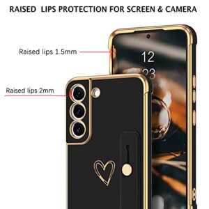 Telaso Phone Case Samsung Galaxy S22, Love Heart Cute Case with Wristband Kickstand Holder Soft TPU Plating Bumper Protective Slim Shockproof Cover for Girls Women, Black