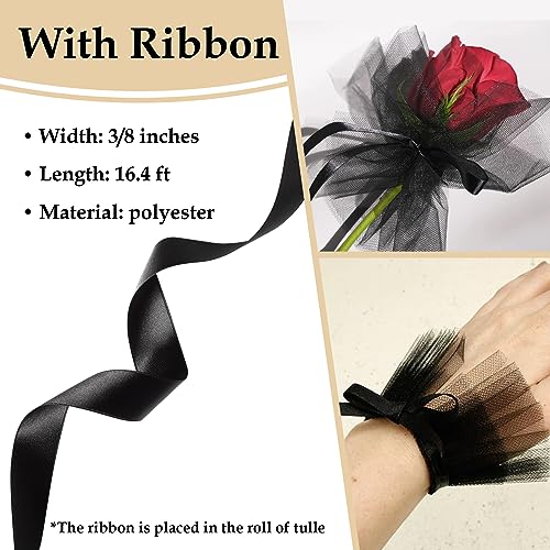 Black Glitter Tulle Fabric with Ribbon, 6 Inch by 50 Yards (150ft) Sequin Tulle Roll for Tutu Gift Wrapping Wedding Decoration DIY Crafts Party Backdrop