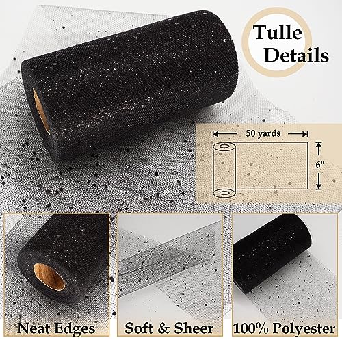 Black Glitter Tulle Fabric with Ribbon, 6 Inch by 50 Yards (150ft) Sequin Tulle Roll for Tutu Gift Wrapping Wedding Decoration DIY Crafts Party Backdrop