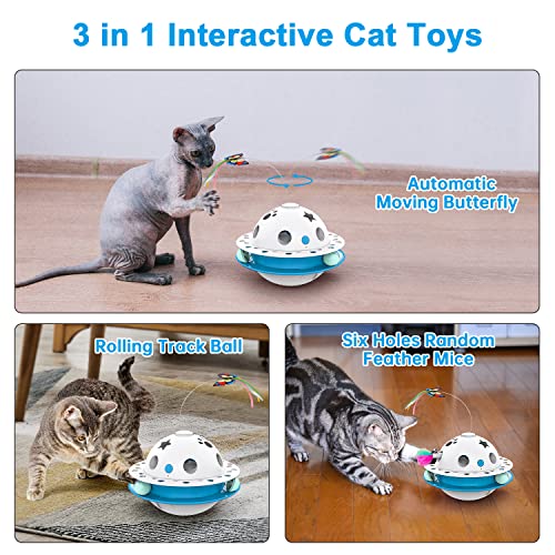 Tyasoleil 3 in 1 Smart Cat Toys, Interactive Cat Roly Poly Toy, Electric Indoor Kitten Toys, Fluttering Butterfly,Random Whack-A-Mole Mice, Dual Power Supplies, Auto On/Off（Blue）