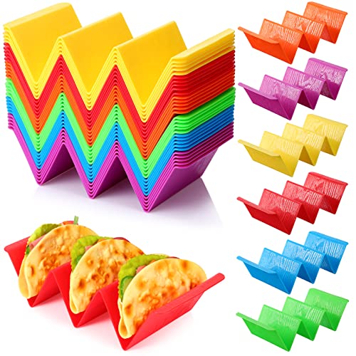 60 Pack Colorful Taco Holder Stands Plastic Large Taco Tray Plates Hold 2 or 3 Tacos Each Rack Server Hard Tortilla Holder for Party Platter Rack Dishwasher Microwave Safe