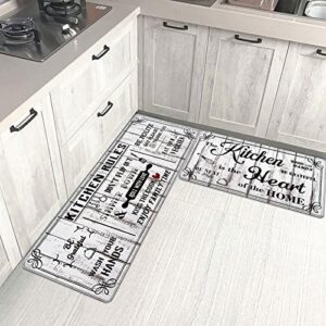 Farmhouse Kitchen Rugs Sets of 2, Personalized Kitchen Mats Cushioned Anti fatigue, Wooden Kitchen Rugs Non Slip Washable, White Kitchen Floor Mats for in Front of Sink, 18'' x 48'' + 18'' x 30''