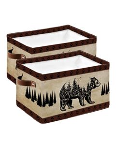 bear pine trees silhouettes storage basket for shelves, retro paper storage cube fabric storage bins, closet organizers with handles for book, toys, cloth, 15x11x9.5 inch