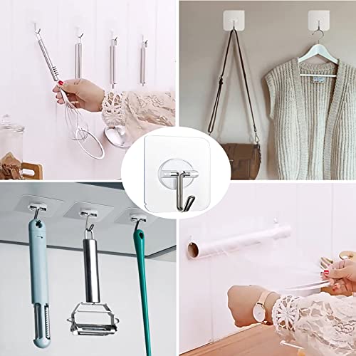 KAKAMINA 100 Pack Adhesive Hooks Wall Hooks 24lb(Max) Heavy Duty Self Adhesive Hooks,Transparent Reusable Adhesive Wall Hooks for Hanging for Kitchens, Bathroom, Office