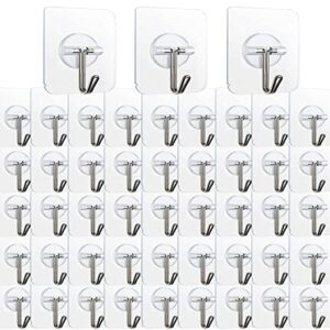 kakamina 100 pack adhesive hooks wall hooks 24lb(max) heavy duty self adhesive hooks,transparent reusable adhesive wall hooks for hanging for kitchens, bathroom, office
