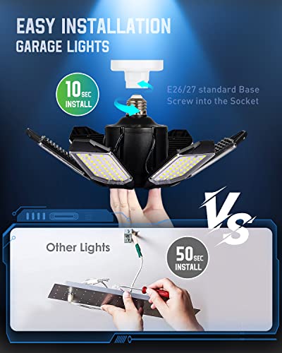 LIGHTNUM 4 Pack LED Garage Light, 45W LED Lights for Garage, 16000LM 6500K E26/E27 Deformable Garage Lights Ceiling LED with 6 Adjustable Panels Compatible for Workshop Storage Room Basement