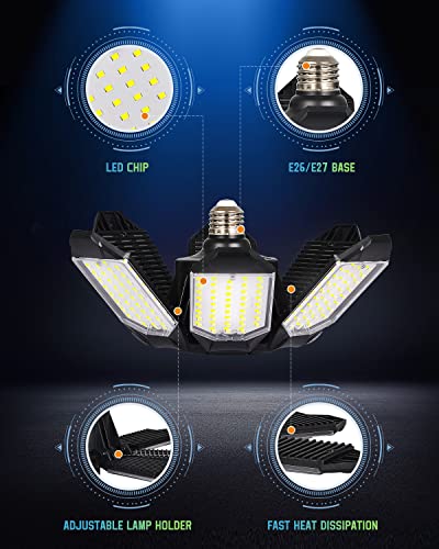 LIGHTNUM 4 Pack LED Garage Light, 45W LED Lights for Garage, 16000LM 6500K E26/E27 Deformable Garage Lights Ceiling LED with 6 Adjustable Panels Compatible for Workshop Storage Room Basement