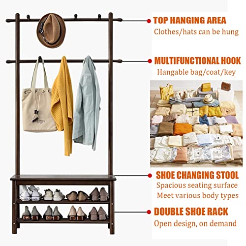 FOLREORP 3-in-1 Hall Tree Entryway Coat Rack solid wood Freestanding Coat Rack with Shoe Bench and Shoes Organizer Shelves Coat Tree Stand for Bedroom Foyer Entryway bench Hallway Living Room