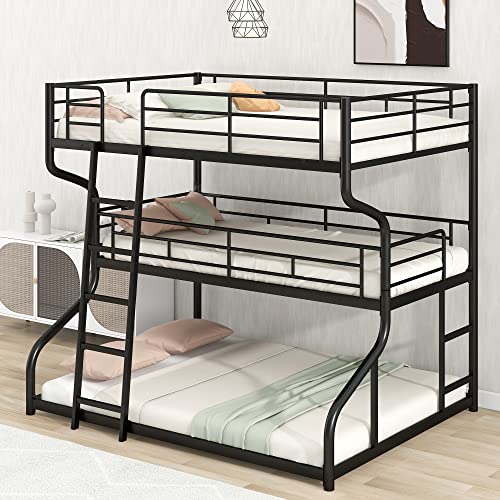 Harper & Bright Designs 3 Metal Beds in 1, Full XL Over Twin XL Over Queen Size Triple Bunk Bed with Guardrail and Ladder, No Spring Box Needed, Black