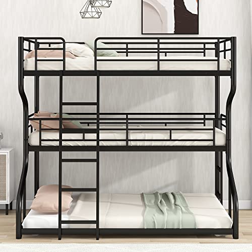 Harper & Bright Designs 3 Metal Beds in 1, Full XL Over Twin XL Over Queen Size Triple Bunk Bed with Guardrail and Ladder, No Spring Box Needed, Black