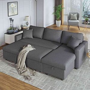 cotoala comfortable upholstery sleeper grey sectional sofa with storage space, 2 tossing cushions and pillows, loveseat with chaise longue for living room, home furniture, right hand facing, gray