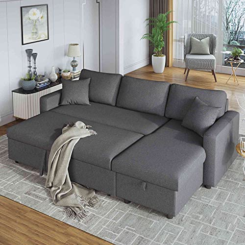 Cotoala Comfortable Upholstery Sleeper Grey Sectional Sofa with Storage Space, 2 Tossing Cushions and Pillows, Loveseat with Chaise Longue for Living Room, Home Furniture, Right Hand Facing, Gray