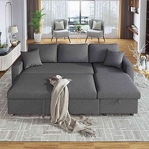 Cotoala Comfortable Upholstery Sleeper Grey Sectional Sofa with Storage Space, 2 Tossing Cushions and Pillows, Loveseat with Chaise Longue for Living Room, Home Furniture, Right Hand Facing, Gray