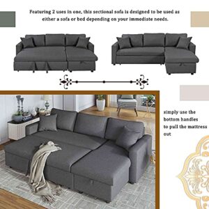 Cotoala Comfortable Upholstery Sleeper Grey Sectional Sofa with Storage Space, 2 Tossing Cushions and Pillows, Loveseat with Chaise Longue for Living Room, Home Furniture, Right Hand Facing, Gray