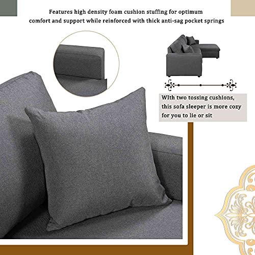 Cotoala Comfortable Upholstery Sleeper Grey Sectional Sofa with Storage Space, 2 Tossing Cushions and Pillows, Loveseat with Chaise Longue for Living Room, Home Furniture, Right Hand Facing, Gray