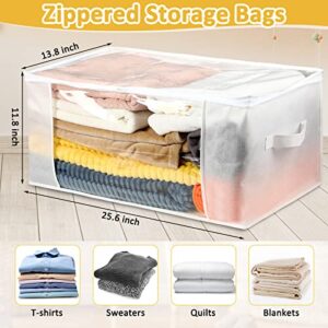 9 Pcs Clear Zippered Storage Bags Fabric Blanket Organizer Plastic Clothes Containers Large Storage Bins with Handle for Bedding Closet Sheets Toys, White, 25.6 x 13.8 x 11.8 Inch