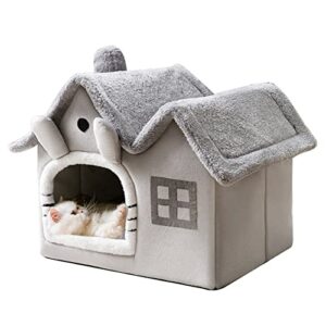 luxury double roof dog house cat nest with removable plush cushion, foldable warm soft kennel indoor (l)