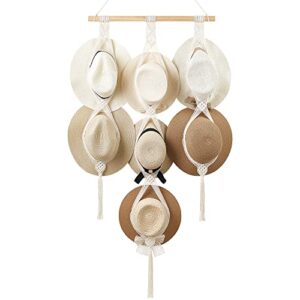 dahey macrame hat hangers hat rack for wall cowboy hat holder organizer display for closet hand weaving bobo hanging hat organizer storage for wide brim hats bowler fedora hats, 7 hats style