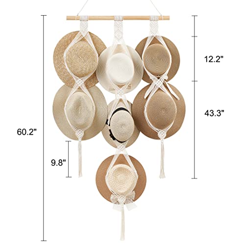 Dahey Macrame Hat Hangers Hat Rack for Wall Cowboy Hat Holder Organizer Display for Closet Hand Weaving Bobo Hanging Hat Organizer Storage for Wide Brim Hats Bowler Fedora Hats, 7 Hats Style