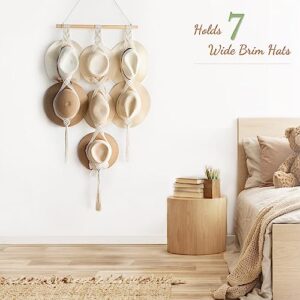 Dahey Macrame Hat Hangers Hat Rack for Wall Cowboy Hat Holder Organizer Display for Closet Hand Weaving Bobo Hanging Hat Organizer Storage for Wide Brim Hats Bowler Fedora Hats, 7 Hats Style