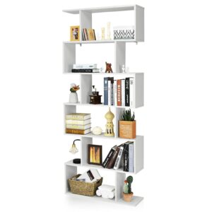 ifanny 6 tier s shaped bookshelf, wooden open bookcase w/anti-tipping device, display shelf storage organizer for home, office, living room, 31.5 x 9 x 75 inch