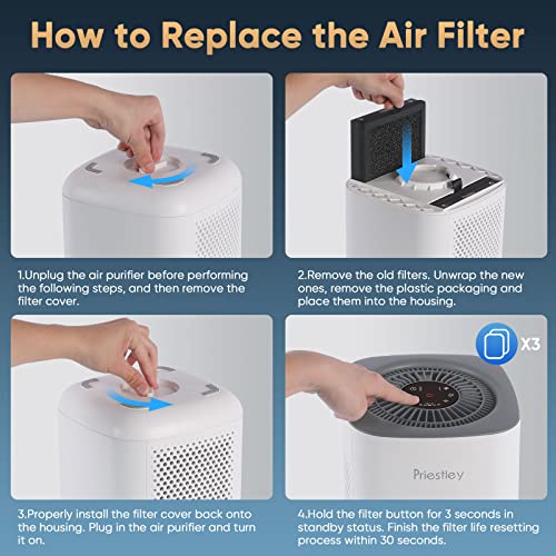 Priestley Air Purifier Replacement Filter, H13 True HEPA Replacement Filter with 3 Stage Filtration