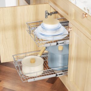 LOVMOR Slide Out Cabinet Drawers Pots and Pans Organizer and Storage, 14" W x 21" D, 2 Tier