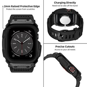 OUHENG Compatible with Apple Watch Band 45mm 44mm 42mm with Case, Men Rugged Sport Military TPU with Metal Pieces Strap with Bumper Cover for iWatch Series SE2 SE 9 8 7 6 5 4 3 2 1, Matte Black