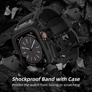 OUHENG Compatible with Apple Watch Band 45mm 44mm 42mm with Case, Men Rugged Sport Military TPU with Metal Pieces Strap with Bumper Cover for iWatch Series SE2 SE 9 8 7 6 5 4 3 2 1, Matte Black