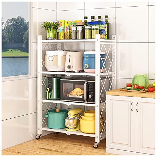 YKLSLH 4-Tier Collapsible Shelves Heavy Duty Folding Shelves Storage Rack with Wheels Portable Storage Shelving Unit for Garage Kitchen Holds up to 1000 lbs Capacity, White