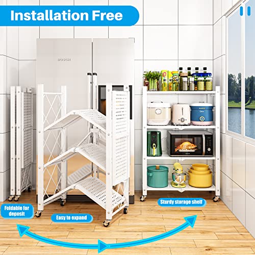 YKLSLH 4-Tier Collapsible Shelves Heavy Duty Folding Shelves Storage Rack with Wheels Portable Storage Shelving Unit for Garage Kitchen Holds up to 1000 lbs Capacity, White