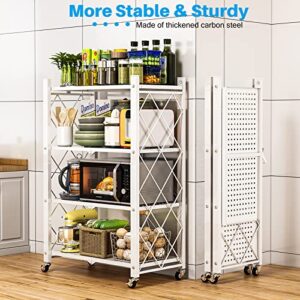 YKLSLH 4-Tier Collapsible Shelves Heavy Duty Folding Shelves Storage Rack with Wheels Portable Storage Shelving Unit for Garage Kitchen Holds up to 1000 lbs Capacity, White