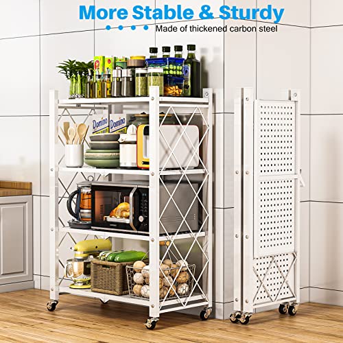 YKLSLH 4-Tier Collapsible Shelves Heavy Duty Folding Shelves Storage Rack with Wheels Portable Storage Shelving Unit for Garage Kitchen Holds up to 1000 lbs Capacity, White