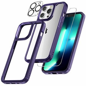 tauri for iphone 13 pro max case, [5 in 1] 1x clear case [not-yellowing] with 2x tempered glass screen protector + 2x camera lens protector, [military-grade drop protection] case 6.7 inch dark purple