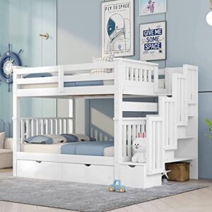 harper & bright designs full over full bunk bed with stairs for adults,wooden full bunk beds with 6 storage drawers and shelves, detachable full size bunk beds for teens,kids,boys & girls,white