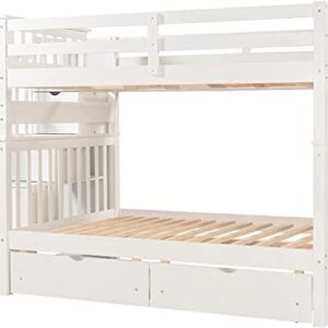 Harper & Bright Designs Full Over Full Bunk Bed with Stairs for Adults,Wooden Full Bunk Beds with 6 Storage Drawers and Shelves, Detachable Full Size Bunk Beds for Teens,Kids,Boys & Girls,White