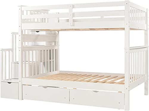 Harper & Bright Designs Full Over Full Bunk Bed with Stairs for Adults,Wooden Full Bunk Beds with 6 Storage Drawers and Shelves, Detachable Full Size Bunk Beds for Teens,Kids,Boys & Girls,White