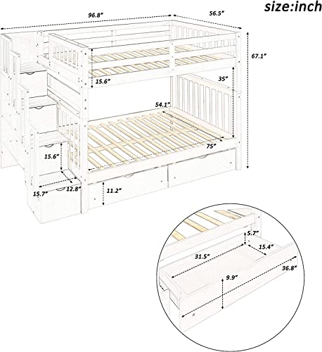 Harper & Bright Designs Full Over Full Bunk Bed with Stairs for Adults,Wooden Full Bunk Beds with 6 Storage Drawers and Shelves, Detachable Full Size Bunk Beds for Teens,Kids,Boys & Girls,White