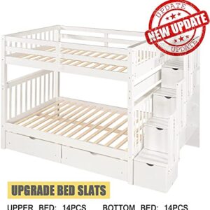 Harper & Bright Designs Full Over Full Bunk Bed with Stairs for Adults,Wooden Full Bunk Beds with 6 Storage Drawers and Shelves, Detachable Full Size Bunk Beds for Teens,Kids,Boys & Girls,White