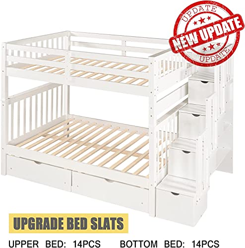 Harper & Bright Designs Full Over Full Bunk Bed with Stairs for Adults,Wooden Full Bunk Beds with 6 Storage Drawers and Shelves, Detachable Full Size Bunk Beds for Teens,Kids,Boys & Girls,White