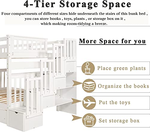 Harper & Bright Designs Full Over Full Bunk Bed with Stairs for Adults,Wooden Full Bunk Beds with 6 Storage Drawers and Shelves, Detachable Full Size Bunk Beds for Teens,Kids,Boys & Girls,White