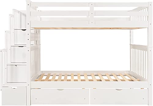 Harper & Bright Designs Full Over Full Bunk Bed with Stairs for Adults,Wooden Full Bunk Beds with 6 Storage Drawers and Shelves, Detachable Full Size Bunk Beds for Teens,Kids,Boys & Girls,White