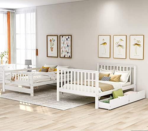 Harper & Bright Designs Full Over Full Bunk Bed with Stairs for Adults,Wooden Full Bunk Beds with 6 Storage Drawers and Shelves, Detachable Full Size Bunk Beds for Teens,Kids,Boys & Girls,White