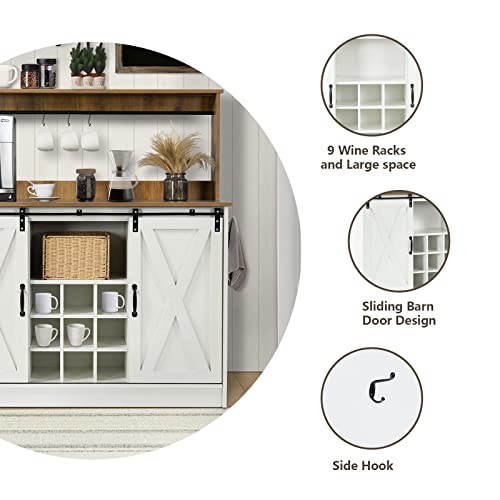 Farmhouse Coffee Wine Bar Cabinet with 6 Hooks, Sliding Barn Door, 47’’ Sideboard Buffet Cabinet with Adjustable Shelf for Kitchen, Dining Living Room, White