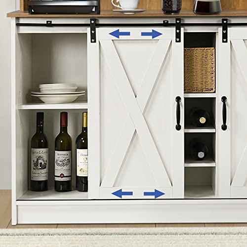 Farmhouse Coffee Wine Bar Cabinet with 6 Hooks, Sliding Barn Door, 47’’ Sideboard Buffet Cabinet with Adjustable Shelf for Kitchen, Dining Living Room, White